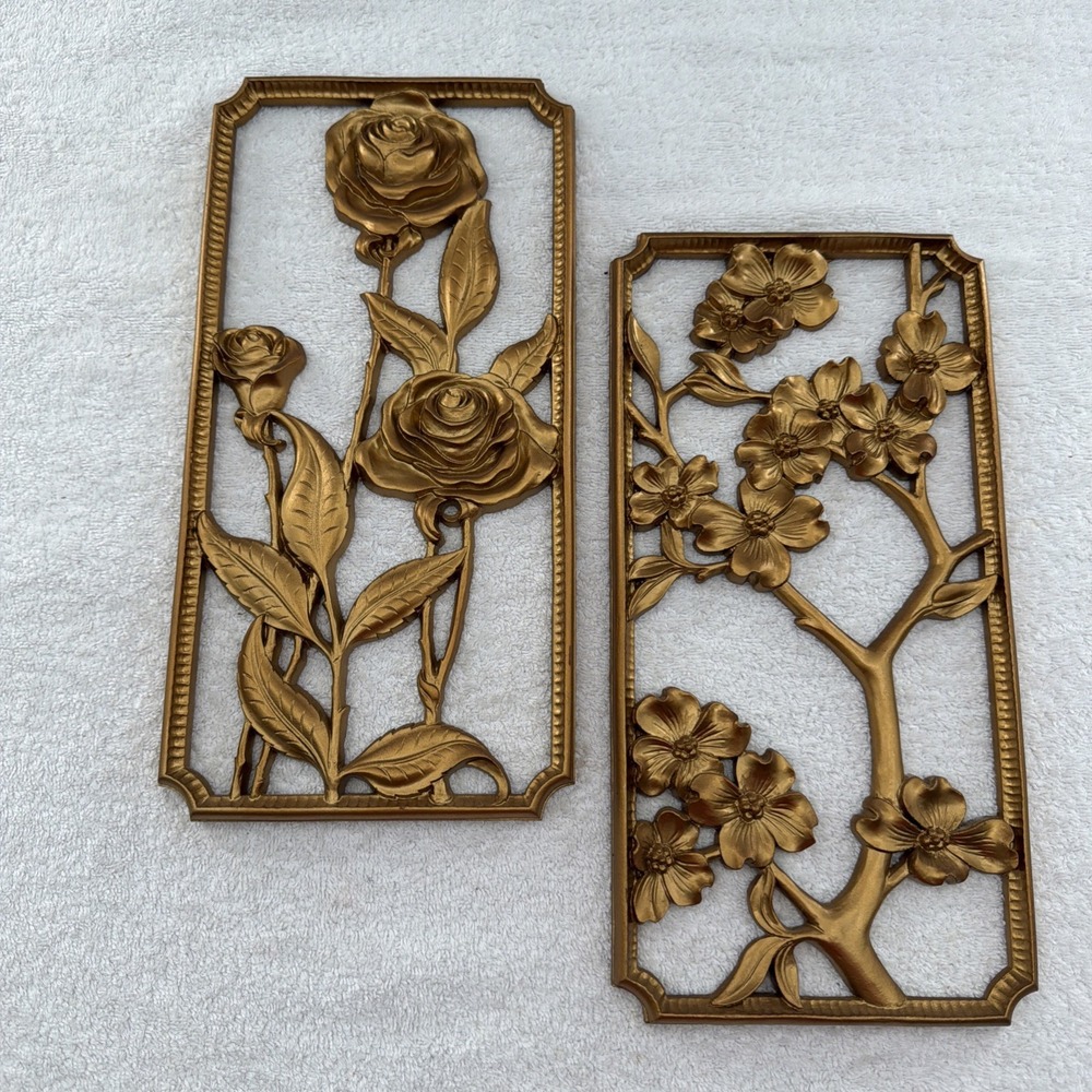 2 Vintage Wall Plaque 3D Art Floral Roses Hollywood Regency Decor "Syroco"